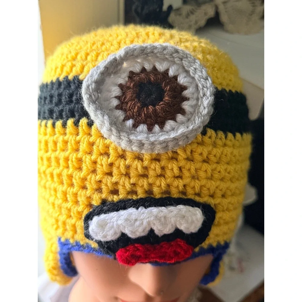 Handmade Minion Crochet Beanie Kids OS Yellow Earflap Character Hat uniex